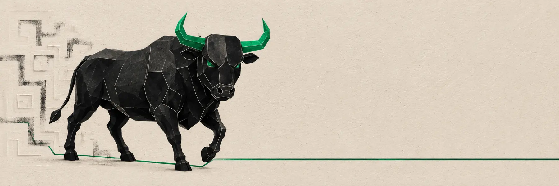 The Black Bull walking out of the maze along a single straight green line drawn across pressed paper